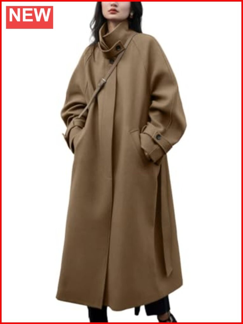 Women's Wool Blend Long Overcoat with Removable Belt, Office Coat